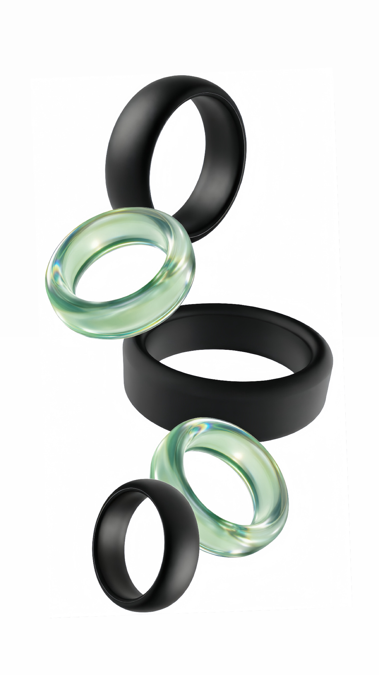 Composição vertical de cock rings pretos e translúcidos